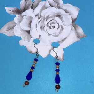 Cobalt Blue & Wooden Beaded Linear Drop Earrings